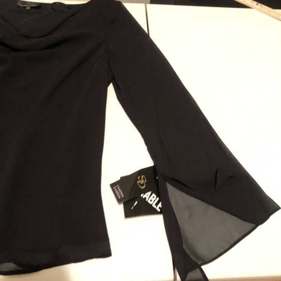 Sandra Darren  size large black dressy blouse draped neck semi sheer lined NWT - Picture 3 of 10